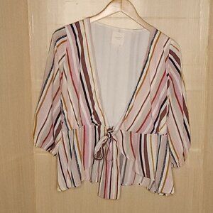 Harper Pink Striped Silky Open Front Tie Top XS